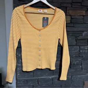 New LEVIS Women’s striped thick cotton blend scoop neck snap up crop top SZ 1X